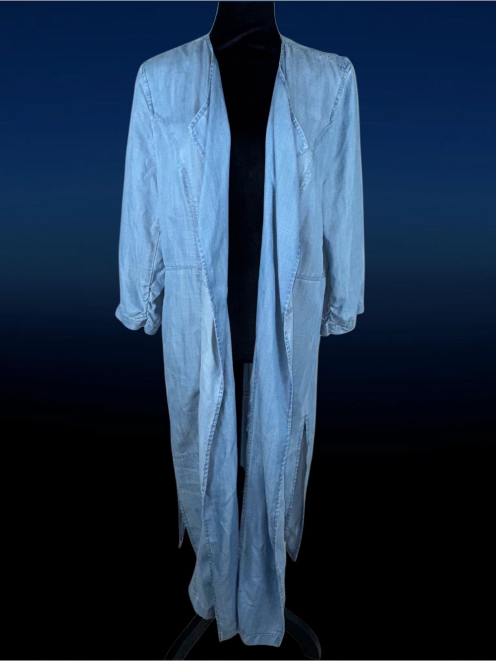 CHICOS Black Label Chambray Blue Duster Open Coat Jacket Western Sz 2 Large - Picture 2 of 13